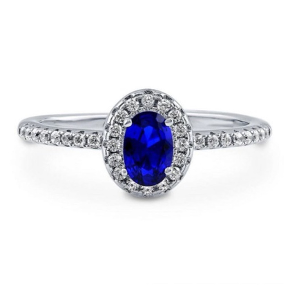 Trendy Oval Blue Sapphire CZ Sterling Silver Halo